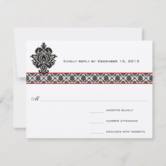 Black Damask On White  Red Trim Wedding Response (Back)