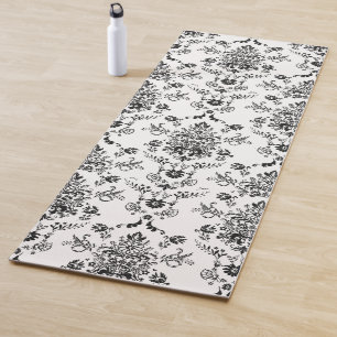 Black Damask on White Yoga Mat