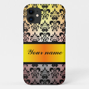 Black damask & orange gold ribbon iPhone 11 case