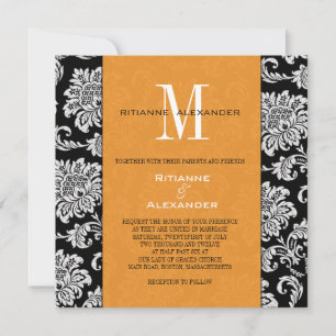 Black Damask Orange Monogram Wedding Invitation