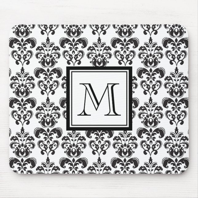 Black Damask Pattern 2 with Your Monogram Mouse Pad (Front)