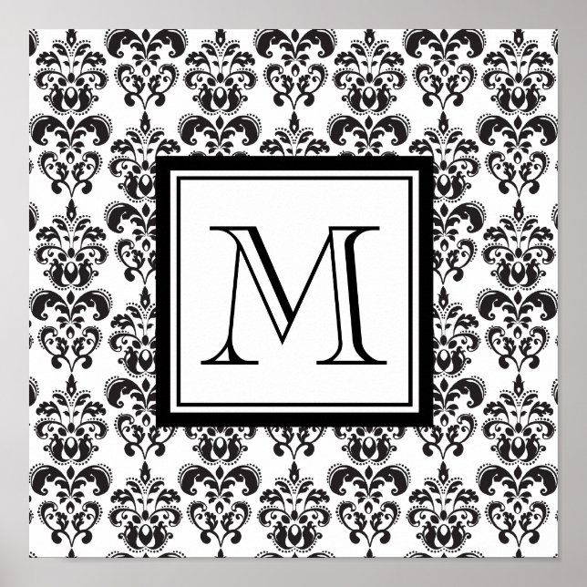 Black Damask Pattern 2 with Your Monogram Poster (Front)