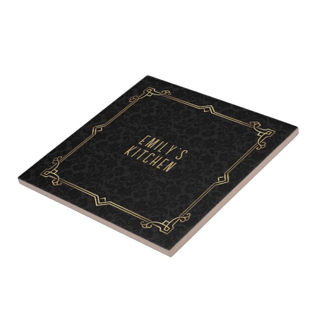 Black Damask Pattern, Art Deco Frame, Custom Text Tile (Side)