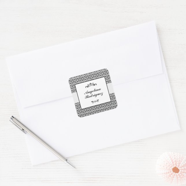 Black Damask Pattern Graduation Square Sticker (Envelope)
