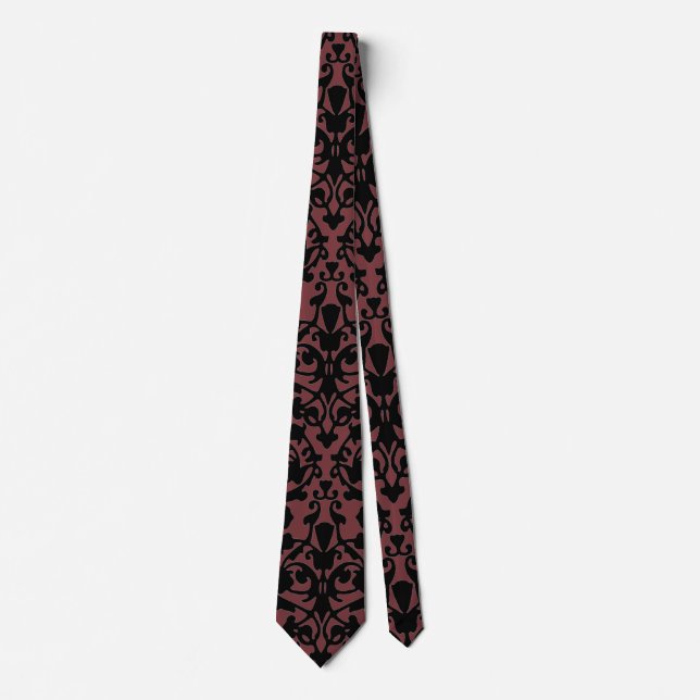 Black Damask Pattern on Red Pear Designer Necktie (Front)