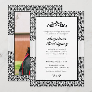 Black Damask Pattern Photo Graduation Invitation