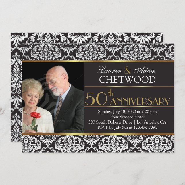 Black Damask Photo 50th Wedding Anniversary Invite (Front/Back)