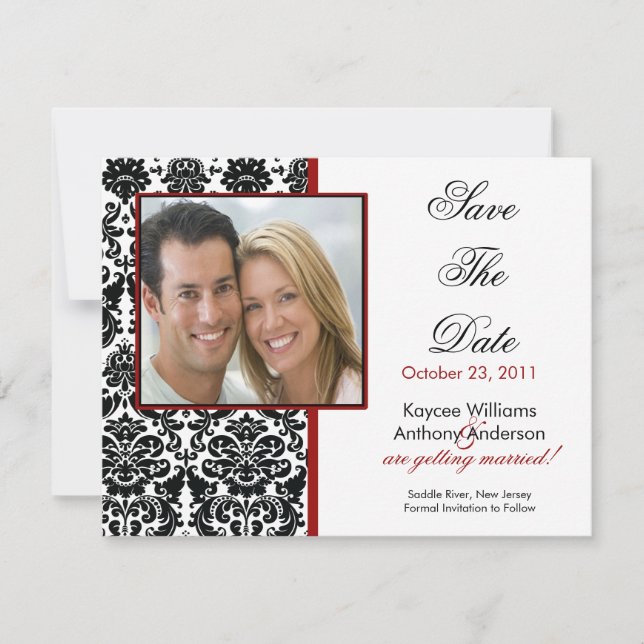 Black Damask Photo Save The Date Announcement (Front)