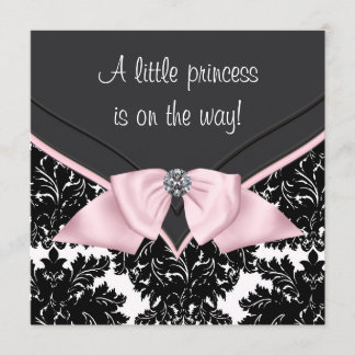 Black Damask Pink Bow Princess Baby Shower Invitation