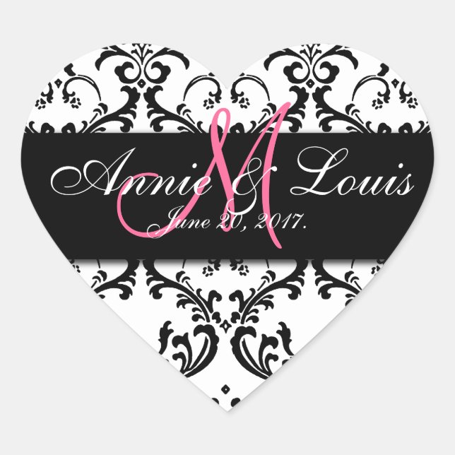 Black Damask Pink Initial Wedding Favour Heart Sticker (Front)