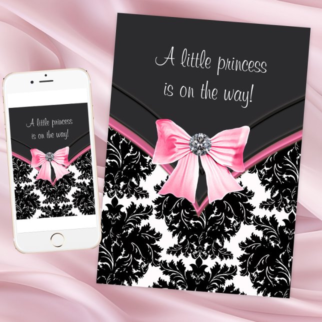 Black Damask Pink Princess Baby Shower Invitation (Pink and black damask baby shower invitation. Change all text. Download and printed available.)