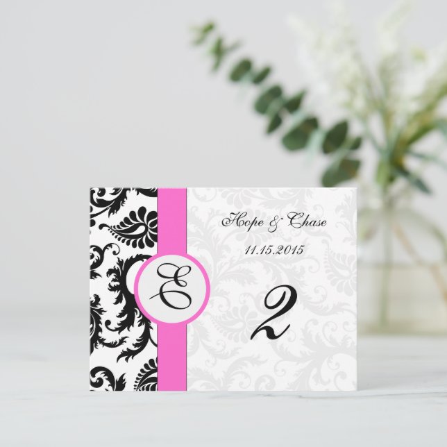 Black Damask Pink Trim Swirls Table Number Cards (Standing Front)