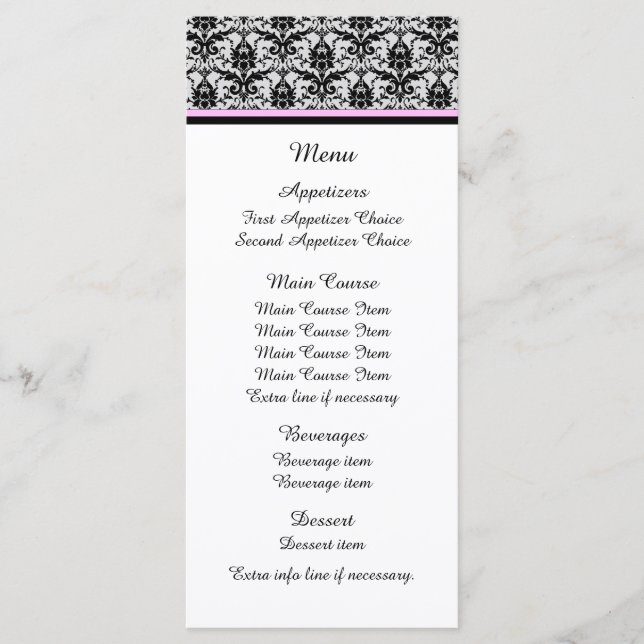 Black Damask Pink Wedding Menu (Front)