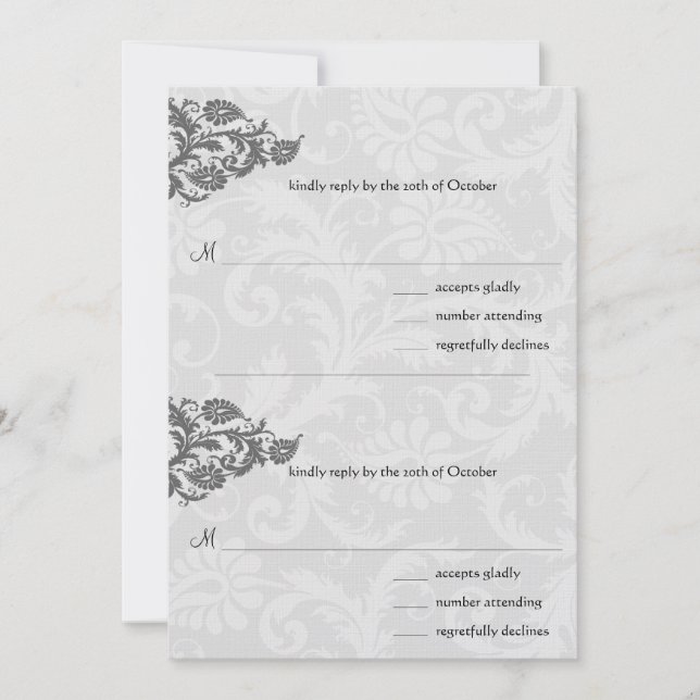 Black Damask Plum Hearts RSVP Wedding Invitation (Front)