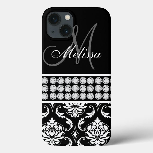 Black Damask Printed Diamonds Personalised Case-Mate iPhone Case (Back)
