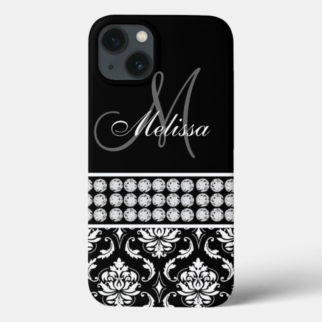 Black Damask Printed Diamonds Personalised Case-Mate iPhone Case (Back)