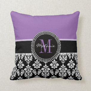 Black Damask Purple Monogram Personalised Pillow