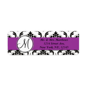 Black Damask Purple Monogram Return Address