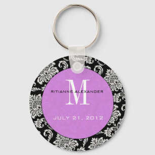 Black Damask Purple Monogram Wedding Keychain