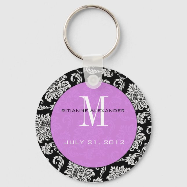 Black Damask Purple Monogram Wedding Keychain (Front)
