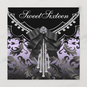 Black Damask Purple Sweet Sixteen Party Invitation