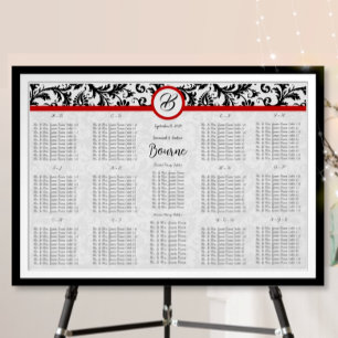 Black Damask Red Monogram Seating Chart