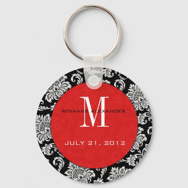 Black Damask Red Monogram Wedding Keychain (Front)