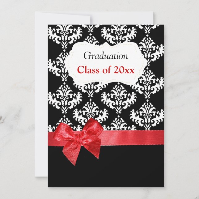 Black Damask & Red Ribbon Graduation Invitation (Front)