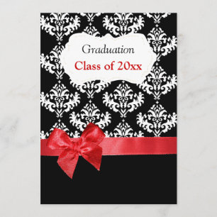 Black Damask & Red Ribbon Graduation Invitation