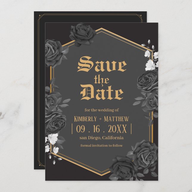 Black damask rose Save The Date wedding Invitation (Front/Back)