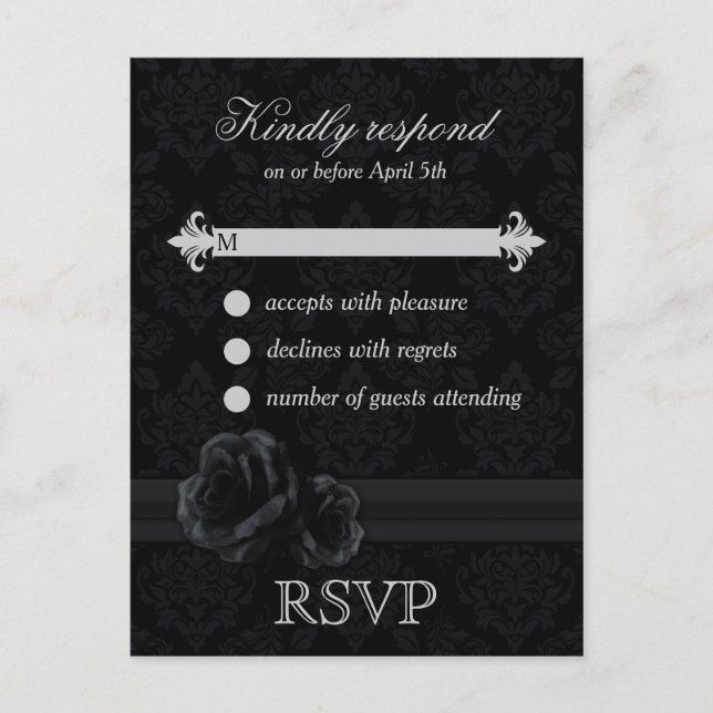 Black damask RSVP postcards with lace rose (Front)