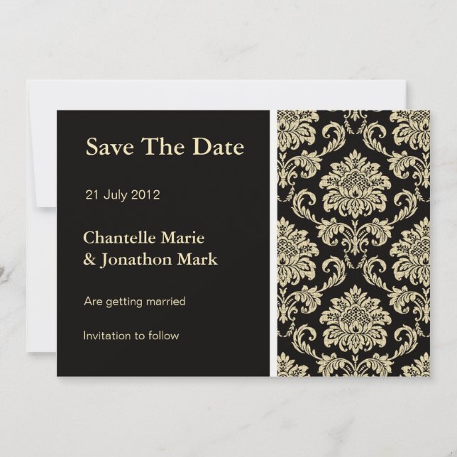 Black Damask Save The Date Card (Front)