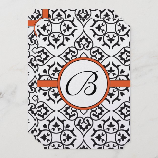 Black Damask Side Borders Orange Trim Wedding Invitation (Front/Back)