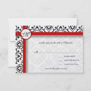 Black Damask Side Borders Red Trim Wedding RSVP Card