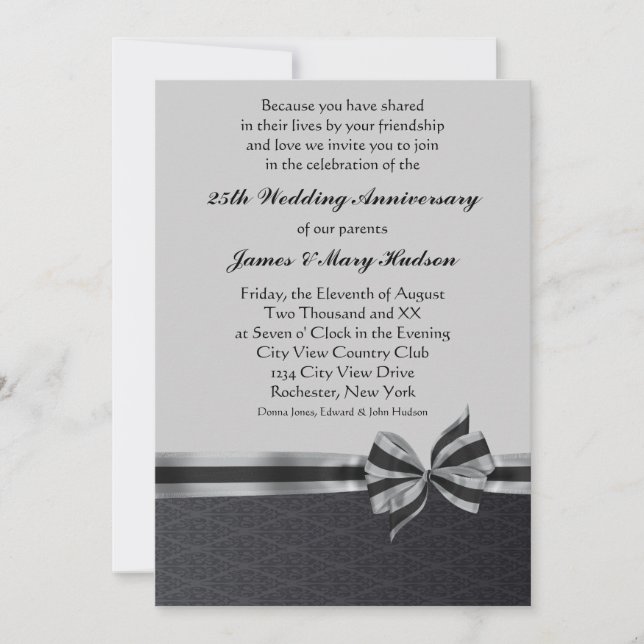 Black Damask Silver 25th Anniversary Party Invitation (Front)