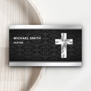 Black Damask Silver Foil Jesus Christ Cross Pastor Business Card