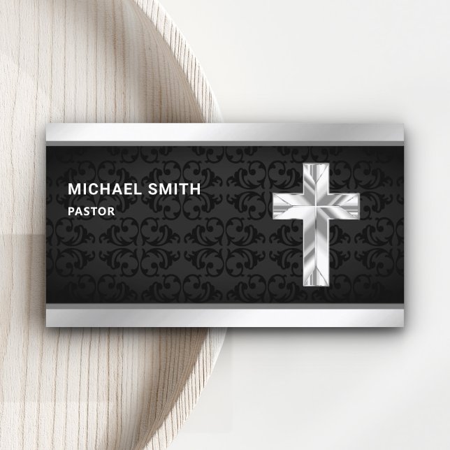 Black Damask Silver Foil Jesus Christ Cross Pastor Business Card (Creator Uploaded)