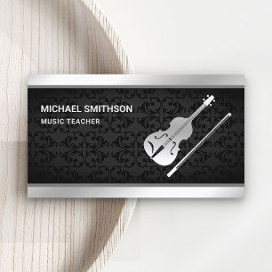 Black Damask Silver Violin Music Teacher Violinist Business Card