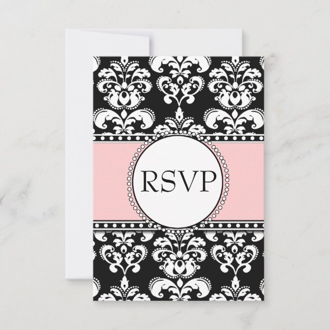 Black Damask Soft Pink RSVP for Square Invitations (Front)