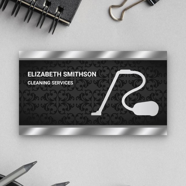 Black Damask Steel Vacuum Cleaner Cleaning Service Business Card (Creator Uploaded)