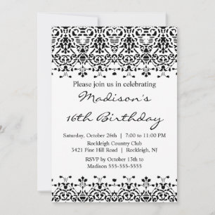 Black Damask Sweet Sixteen Birthday Invitation