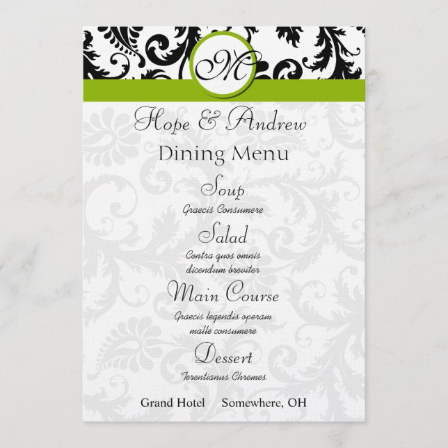 Black Damask Swirl Apple Green Wedding Menu (Front)