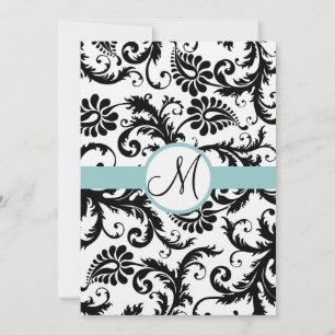 Black Damask Swirls Aqua Trim Wedding Invitation