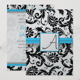 Black Damask Swirls Bright Aqua Raised Trim Invitation