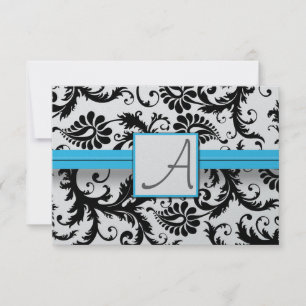 Black Damask Swirls Bright Aqua Raised Trim RSVP Card