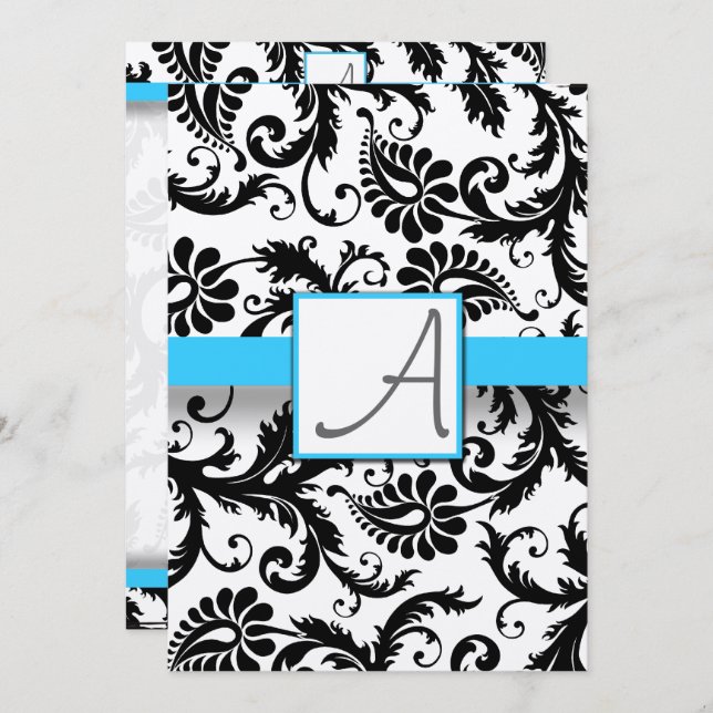 Black Damask Swirls  Bright Aqua Trim No Dots Invitation (Front/Back)