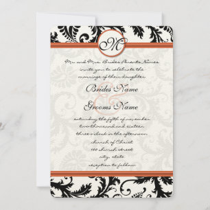 Black Damask Swirls on White Burnt Orange Trim Invitation