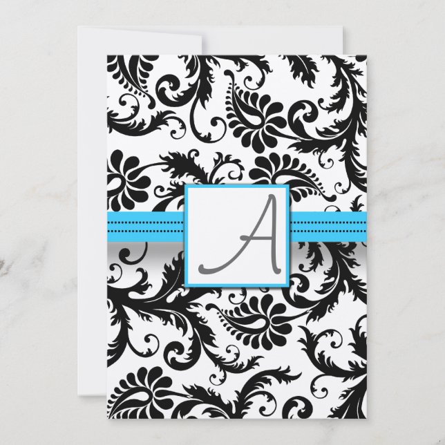 Black Damask Swirls on White with Bright Aqua Trim Invitation (Front)