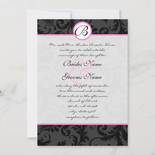Black Damask Swirls Pink Trim Wedding Invitations (Front)