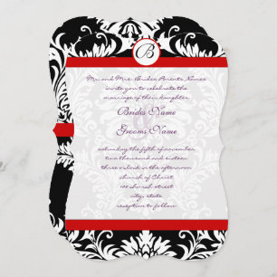 Black Damask Swirls Red Trim Purple Font Wedding Invitation